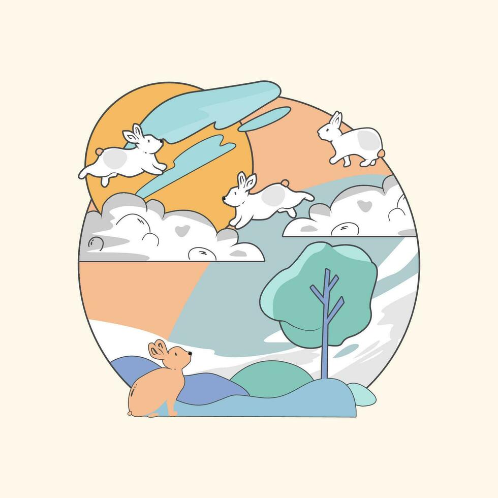 illustrations of clouds and sky and trees and there are cute bunny animals vector