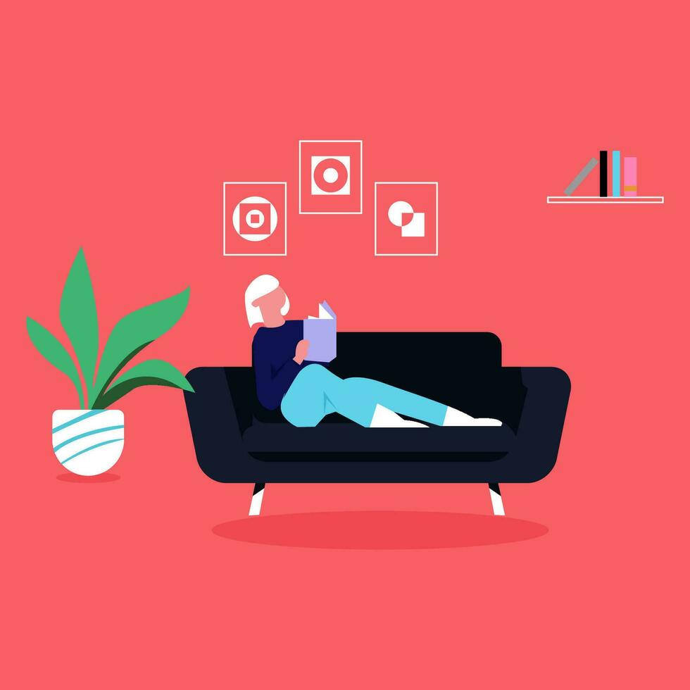 People Character Reading Book in Room Vector Illustration to Increase Insight and Knowledge.