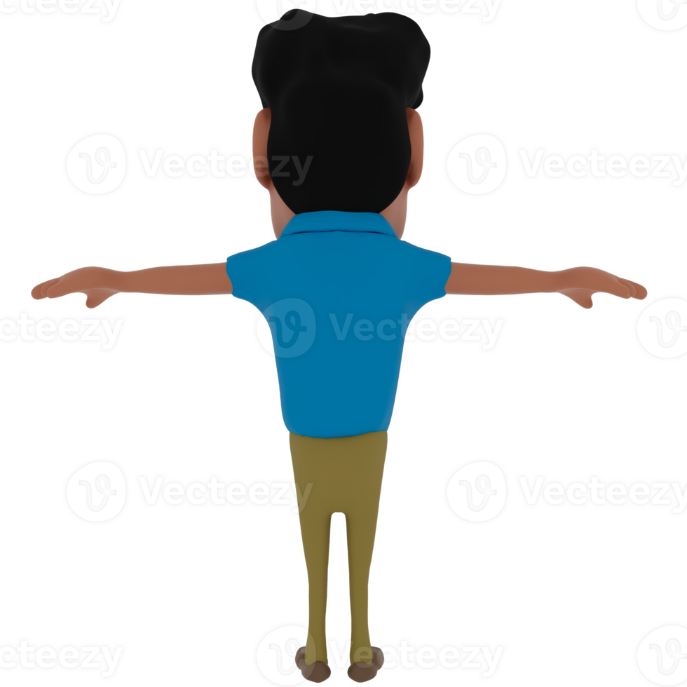Men character in cartoon style 3D rendering wearing casual blue shirt, beige denim, and leather shoes. png