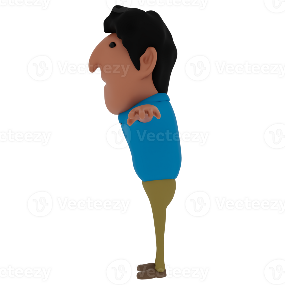 Men character in cartoon style 3D rendering wearing casual blue shirt, beige denim, and leather shoes. png