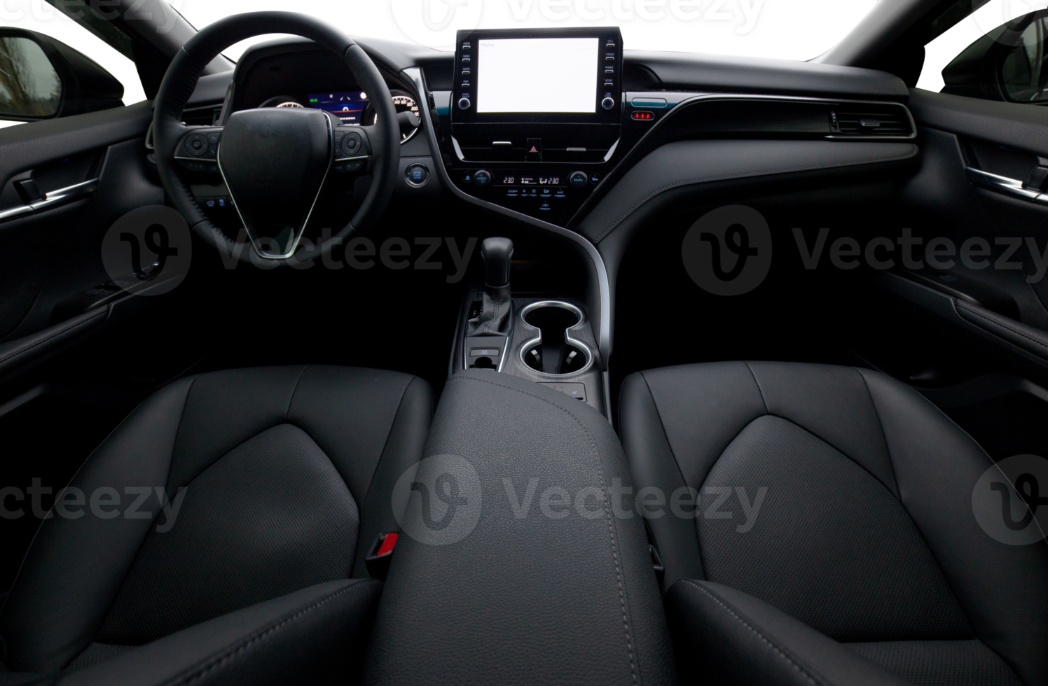 Inside moden car background, luxury car interior elements wallpaper. Black leather car interior with transparent outside background, png illustration