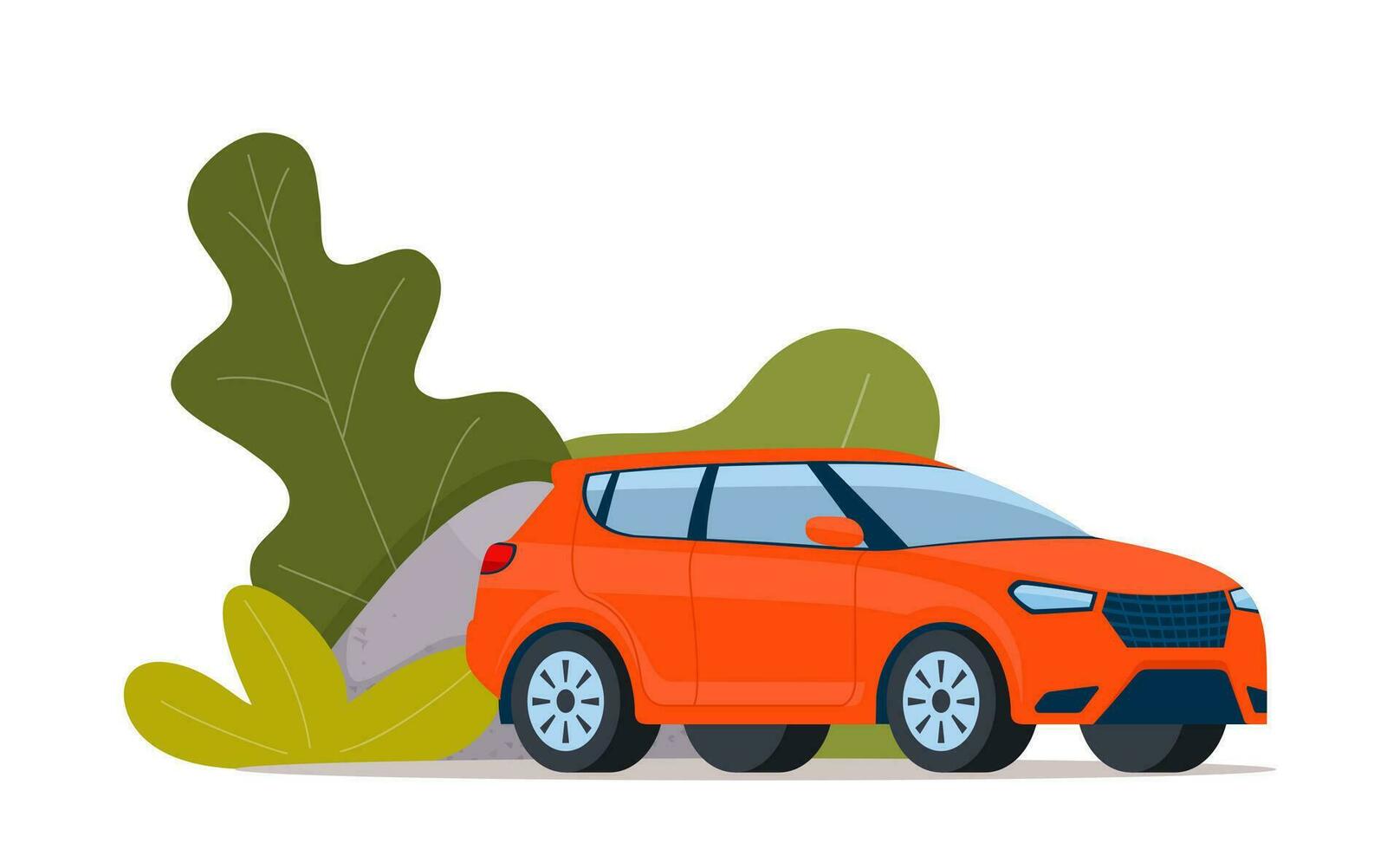 Red modern Suv car, side view. Green bushes on the background. Vector illustration.