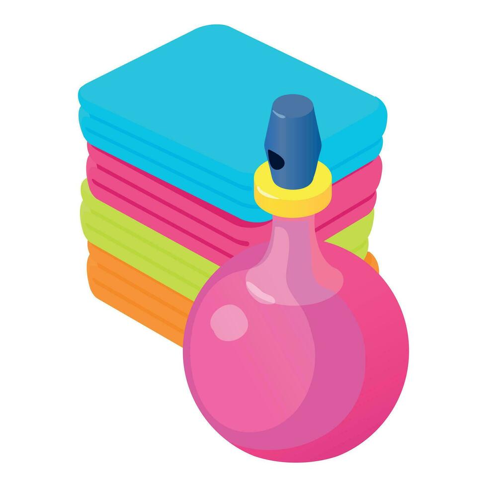 Clean clothes icon isometric vector. Stack of colour clothes and perfume bottle vector