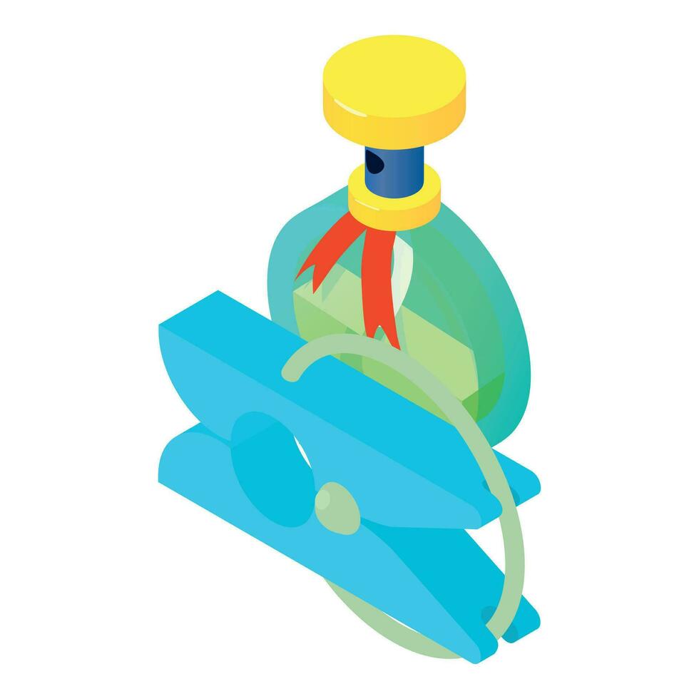 Drying laundry icon isometric vector. Blue plastic clothespin and perfume bottle vector