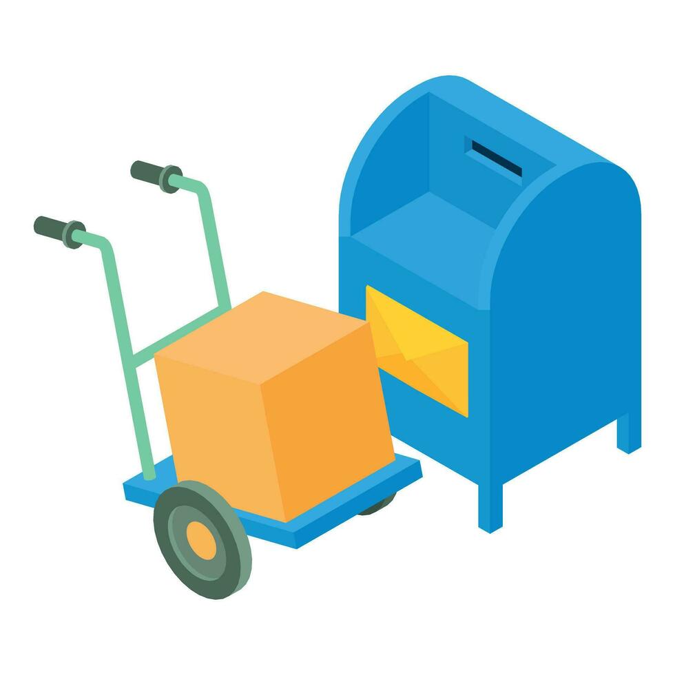 Parcel delivery icon isometric vector. Cardboard box on handcart near mailbox vector