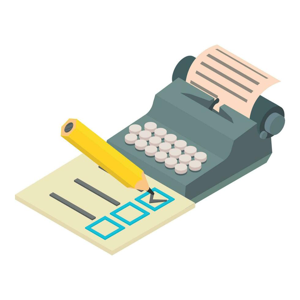 Voting history icon isometric vector. Old typewriter and bulletin with checkmark vector