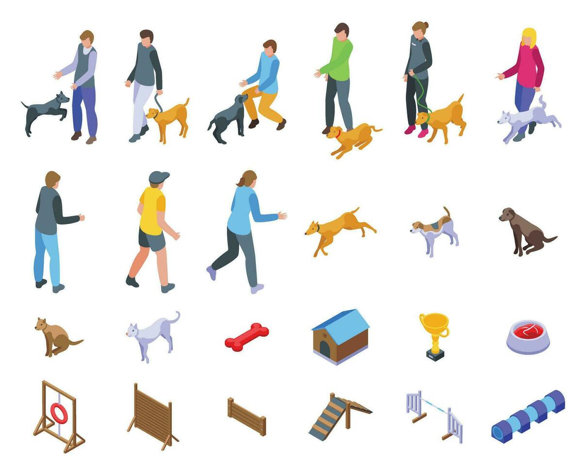 Pet trainer icons set isometric vector. Dog play vector