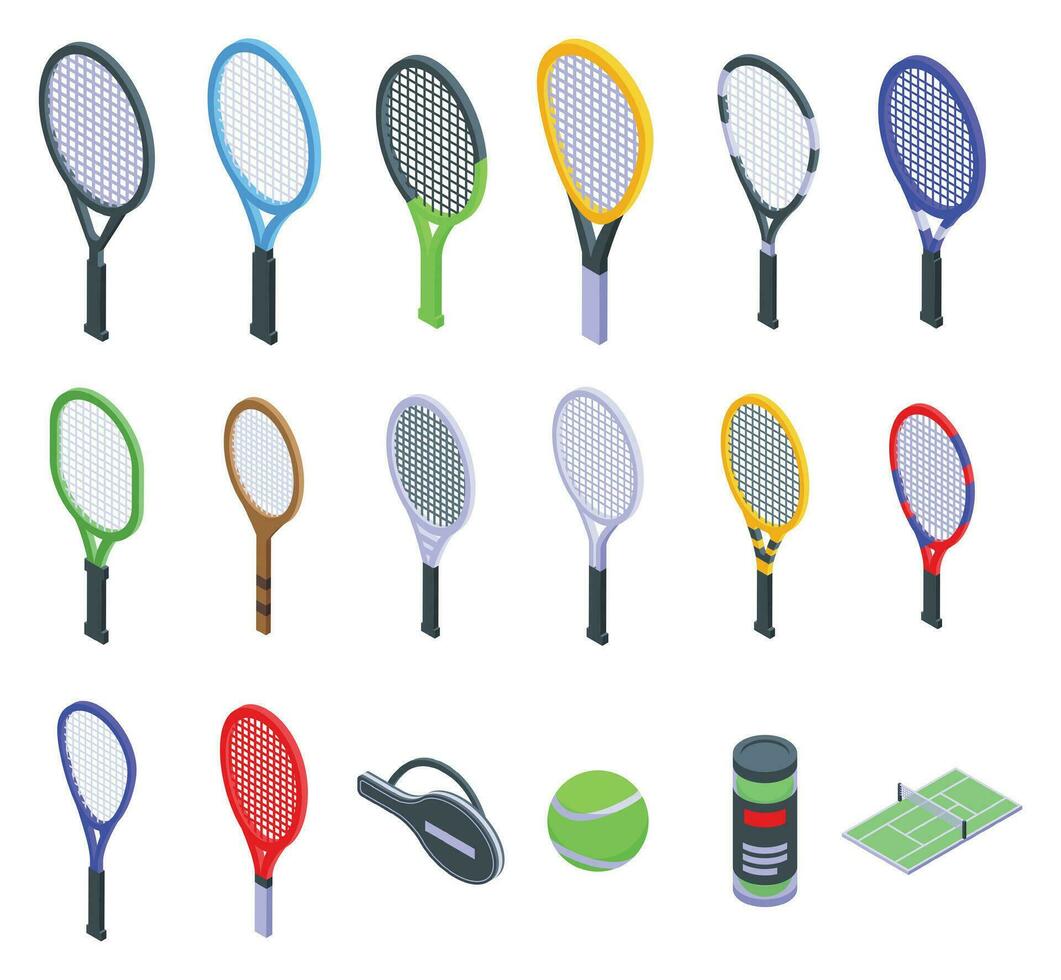 tenis raqueta íconos conjunto isométrica vector. deporte pelota vector