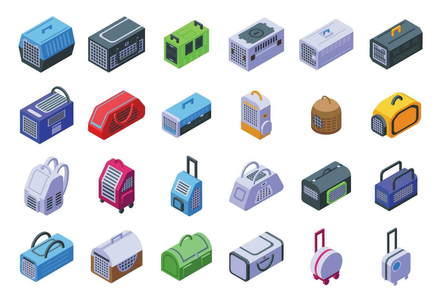 Pet carrier icons set isometric vector. Cat box vector