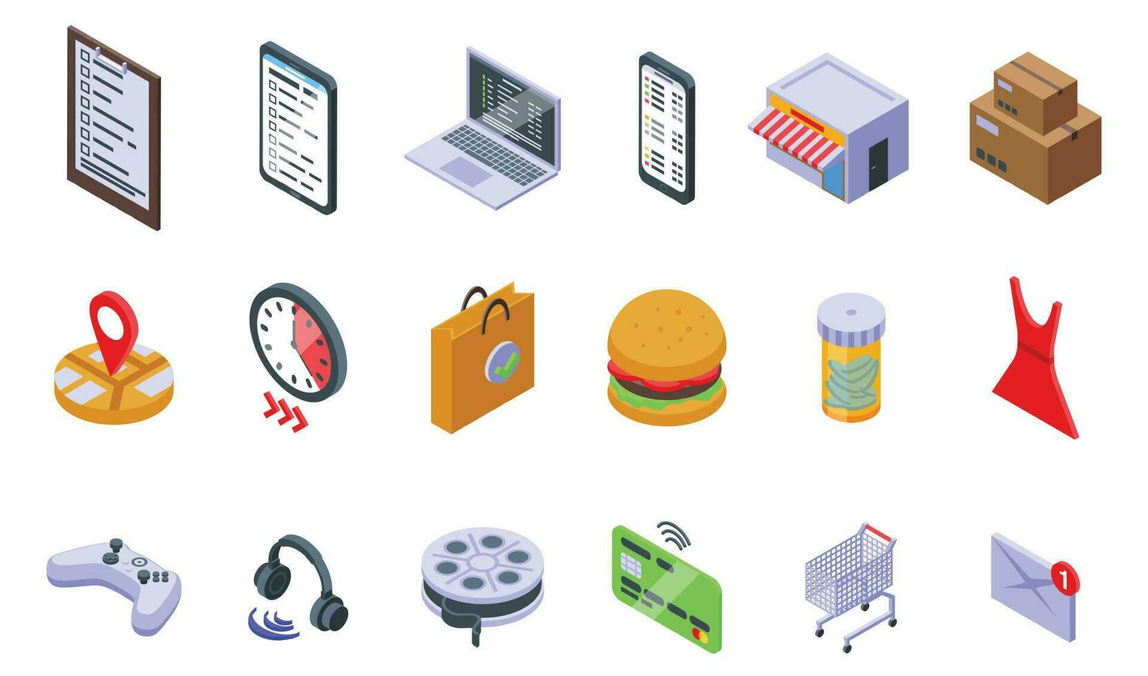 Orders list icons set isometric vector. Shop product vector