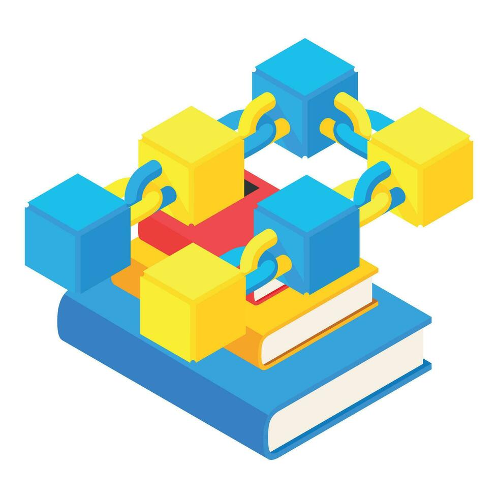 Blockchain technology icon isometric vector. Block chain on stack of paper book vector