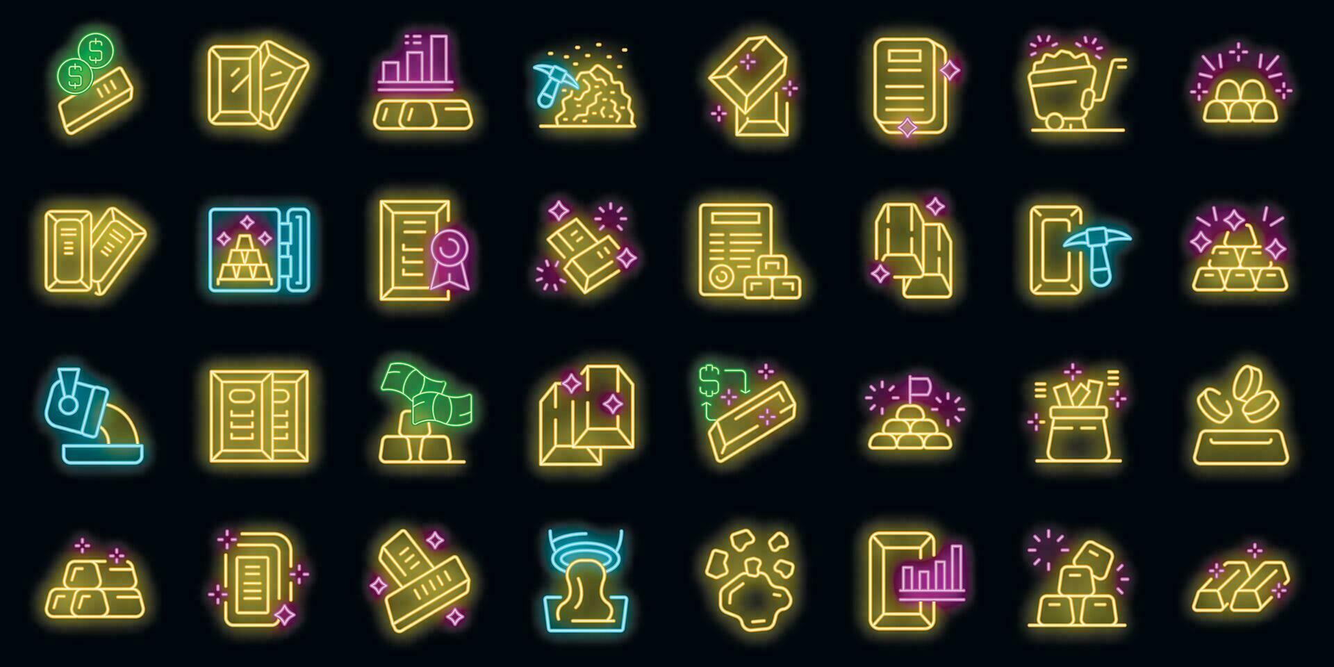 Ingot of gold icons set vector neon