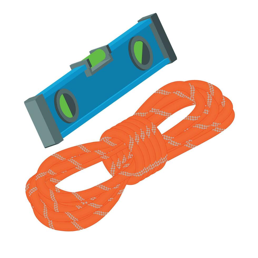 Climber equipment icon isometric vector. Folded red rope and construction level vector