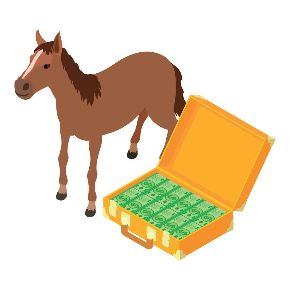 Equestrian business icon isometric vector. Racing horse near open money suitcase vector