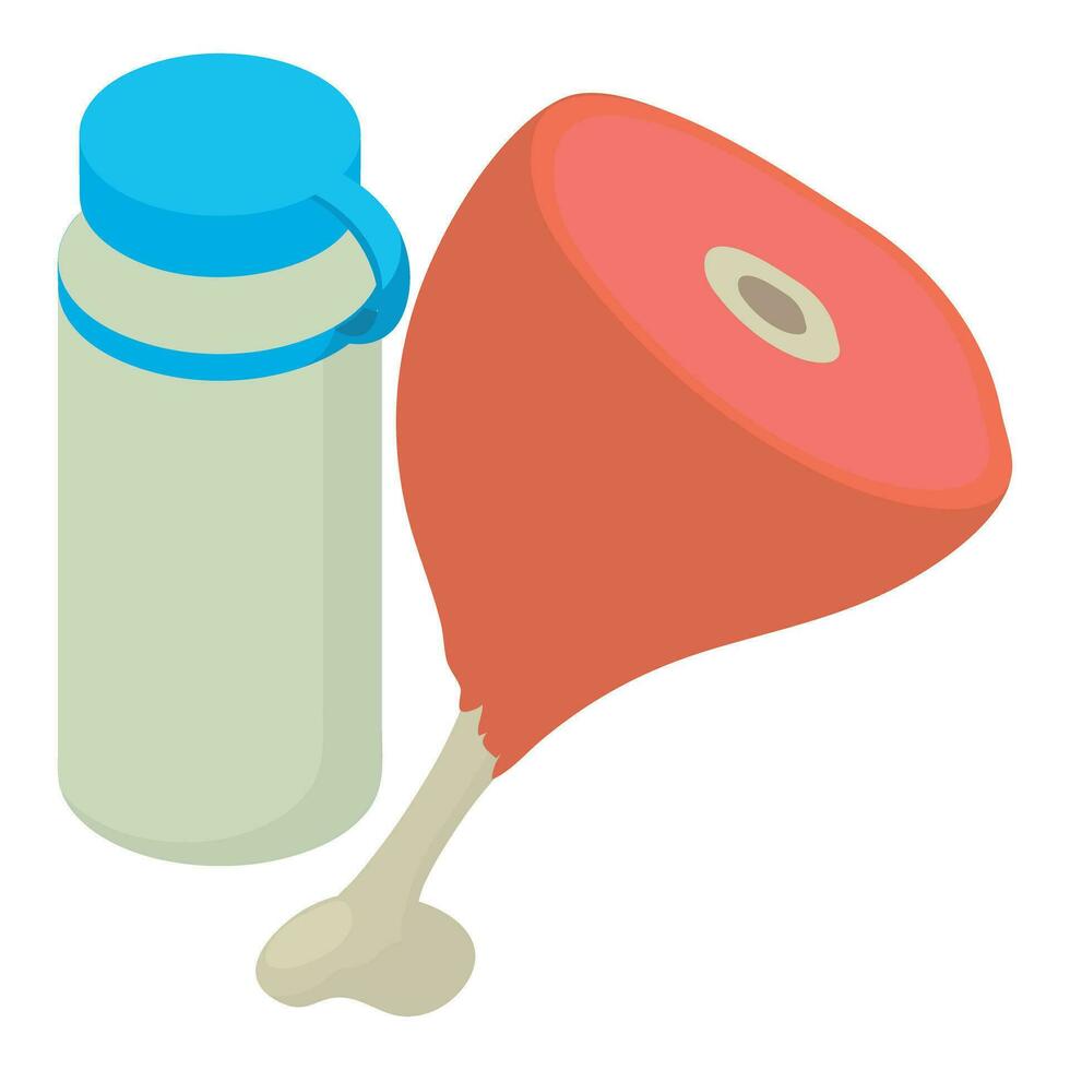 Tourist food icon isometric vector. Cooked meat on bone and water bottle icon vector