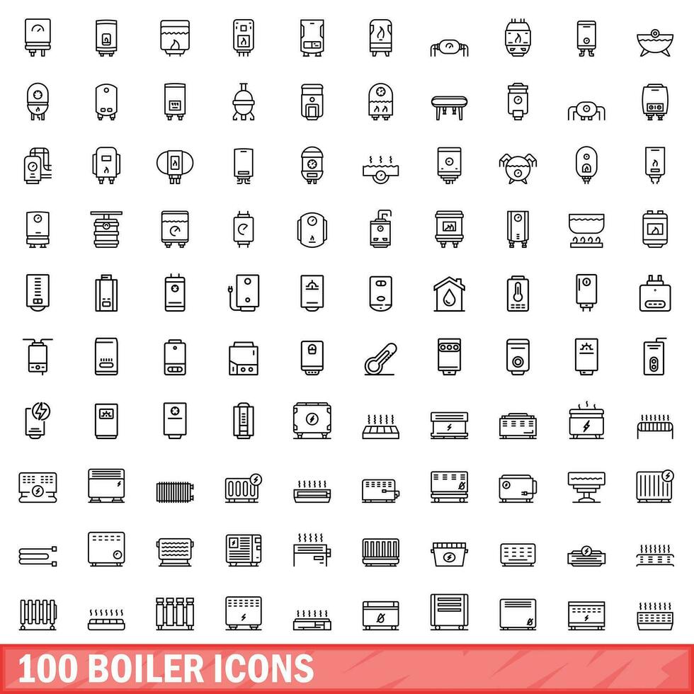 100 boiler icons set, outline style vector