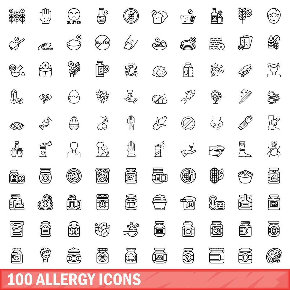 100 allergy icons set, outline style vector