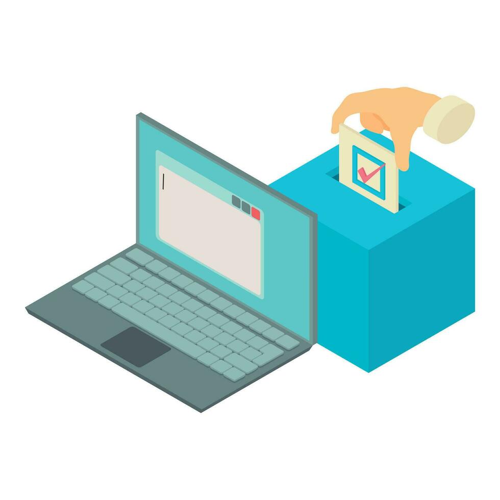 Voting icon isometric vector. Hand putting vote paper in ballot box near laptop vector