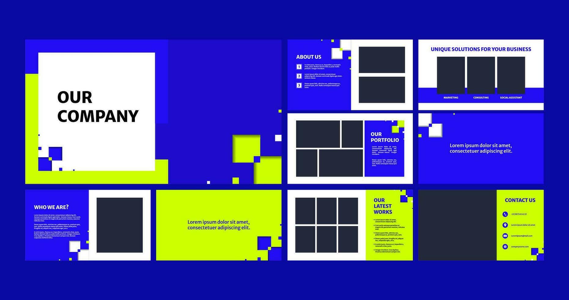 un de múltiples fines presentación diseño con un moderno diseño. minimalista azul presentación modelo con geométrico cuadrado modelo. versátil diseño para negocio, corporativo, y moderno conceptos. vector