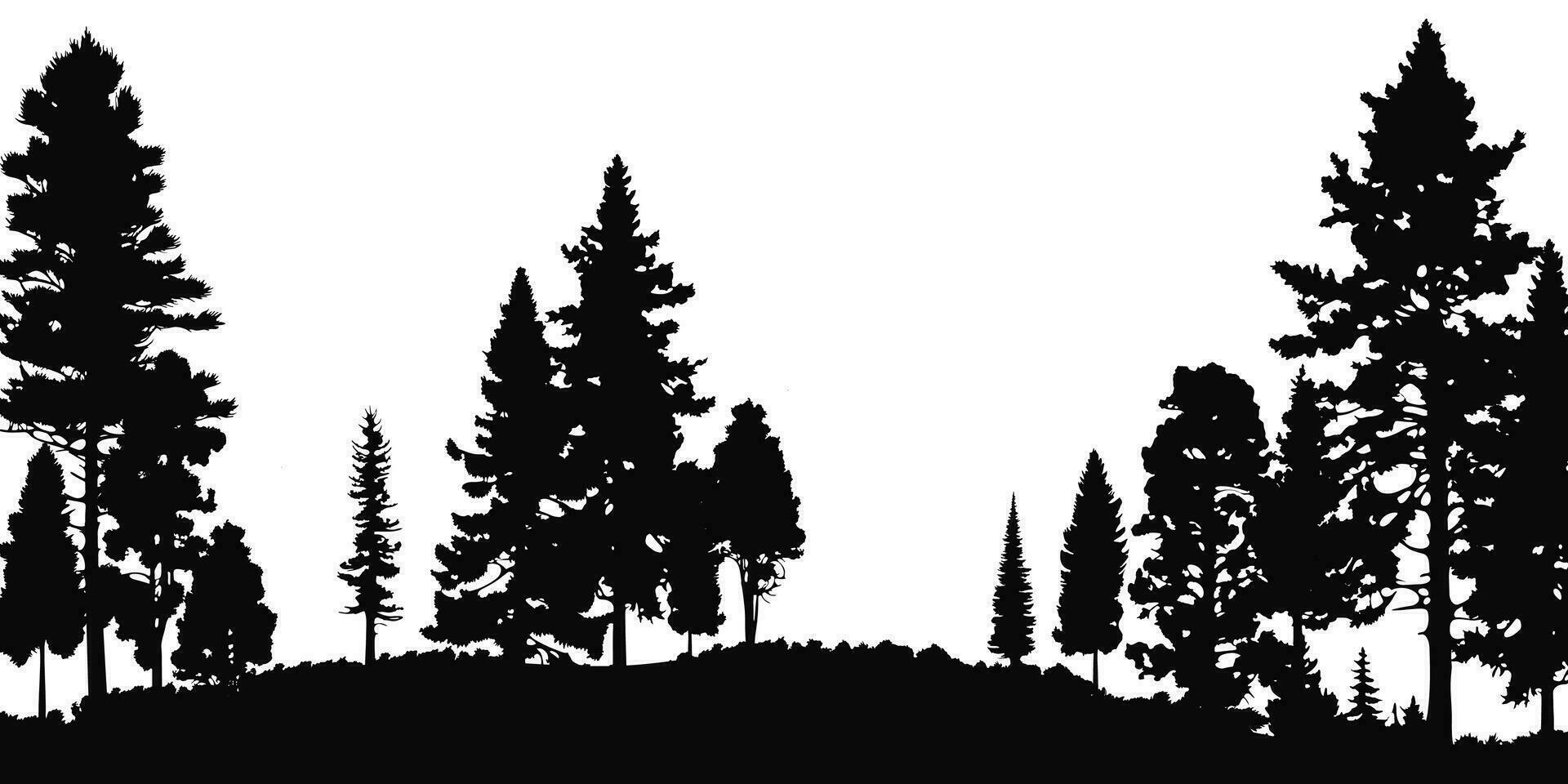 Nature vector illustration of black silhouette pine trees on a white background. Perfect for forest, outdoor, and travel-themed designs.