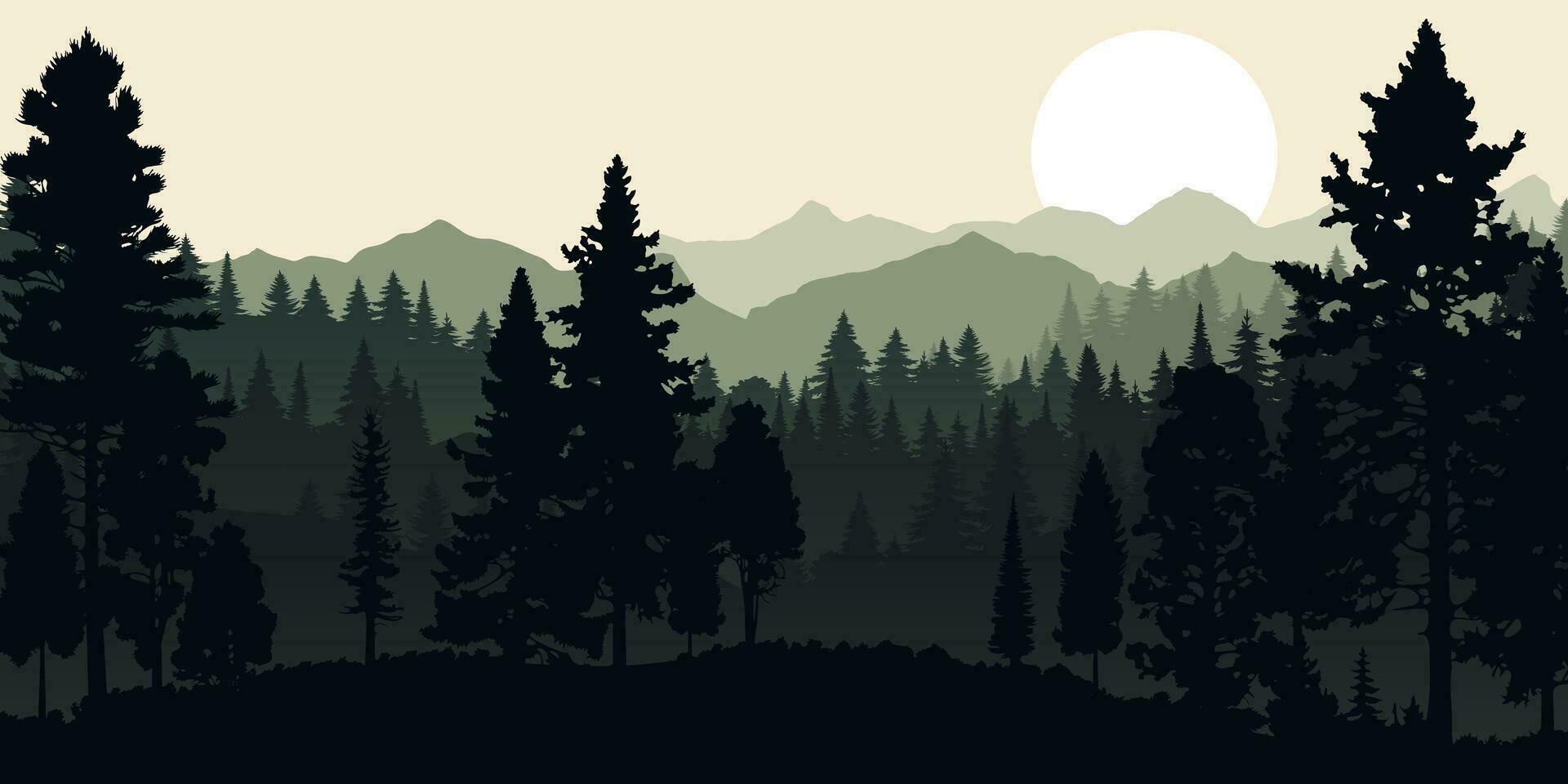 Vector illustration of a majestic mountain range with trees in silhouette against a sunset or sunrise sky. Scenery of adventure theme make it perfect for travel and tourism designs, hiking, camping