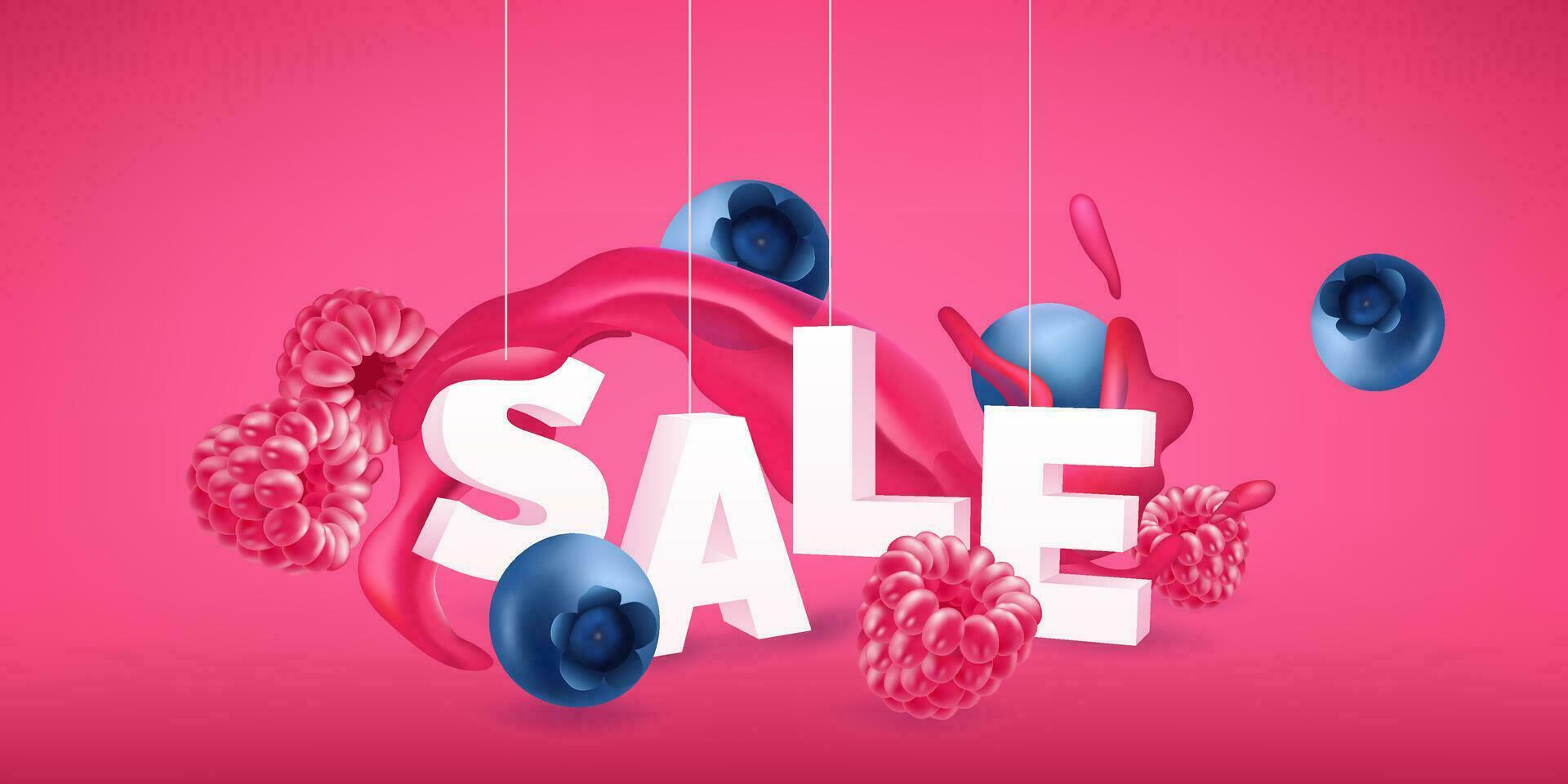 Realistic berry splash liquid juice. 3d Blueberry, raspberry in a fresh and healthy drink. Promotion banner design for sale. For advertising banners, posters, and commercial templates vector