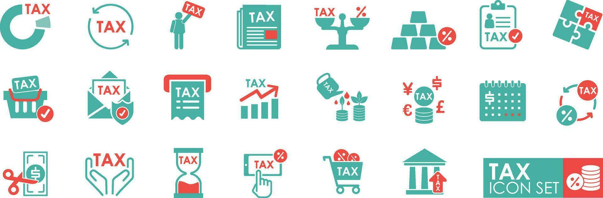 Tax Icons set. Contains Money Reports, Interest Rates, Tax Returns,s and more. Vector illustration. Solid icon style