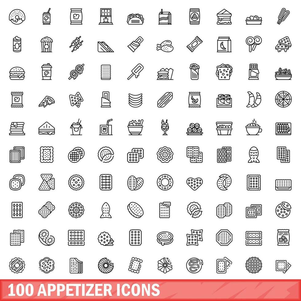 100 appetizer icons set, outline style vector