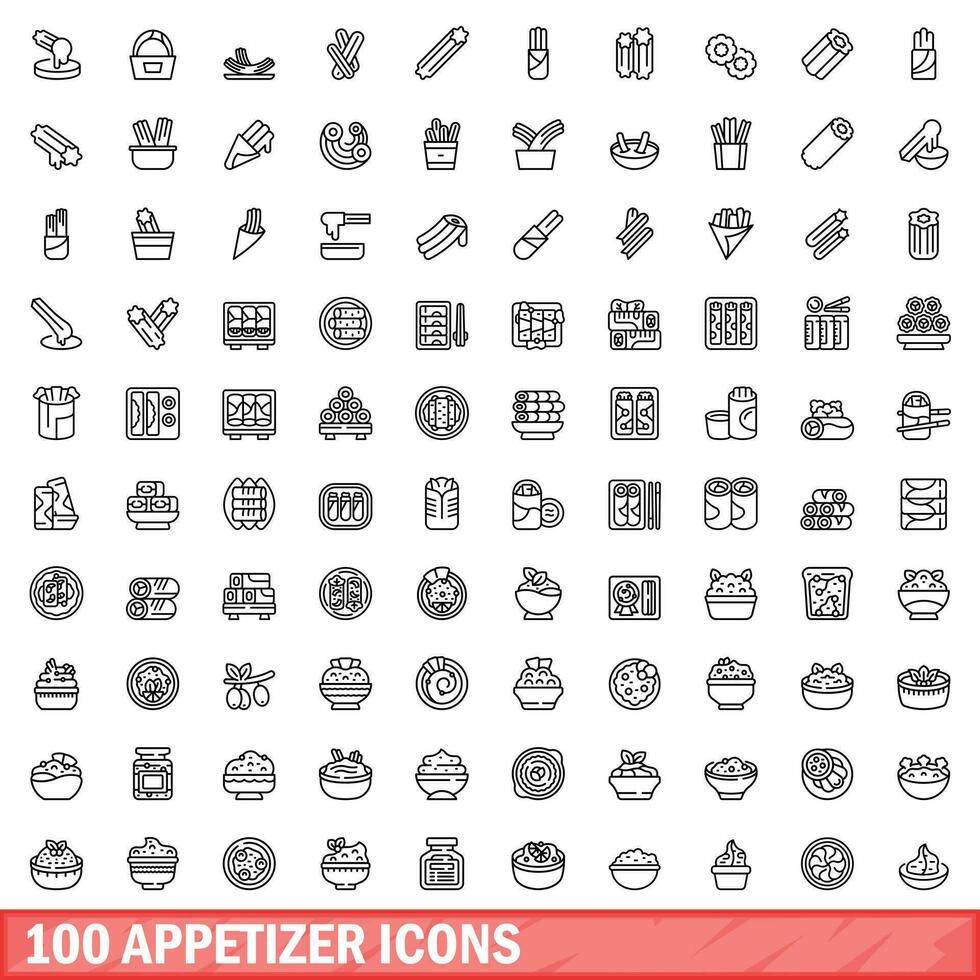 100 appetizer icons set, outline style vector