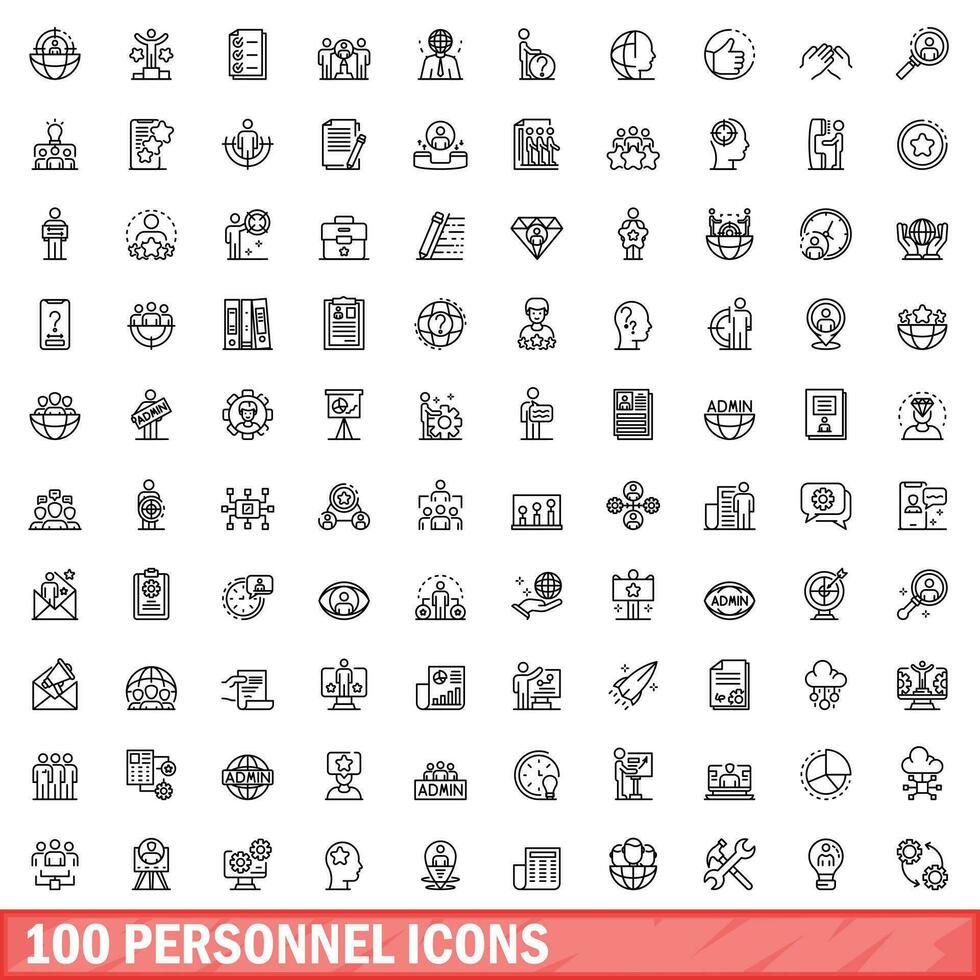 100 personnel icons set, outline style vector