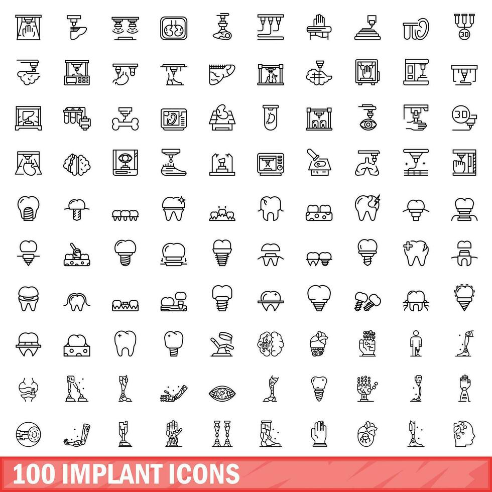 100 implant icons set, outline style vector