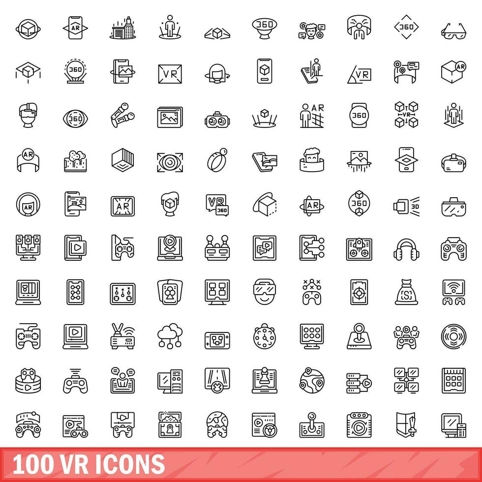 100 vr icons set, outline style vector