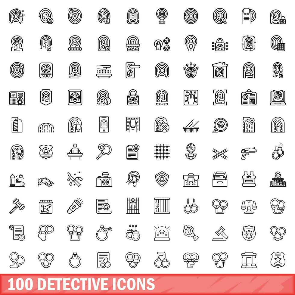 100 detective icons set, outline style vector