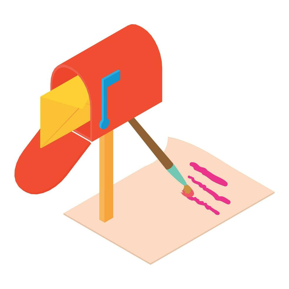 Paper correspondence icon isometric vector. Opened red mailbox and paper letter vector