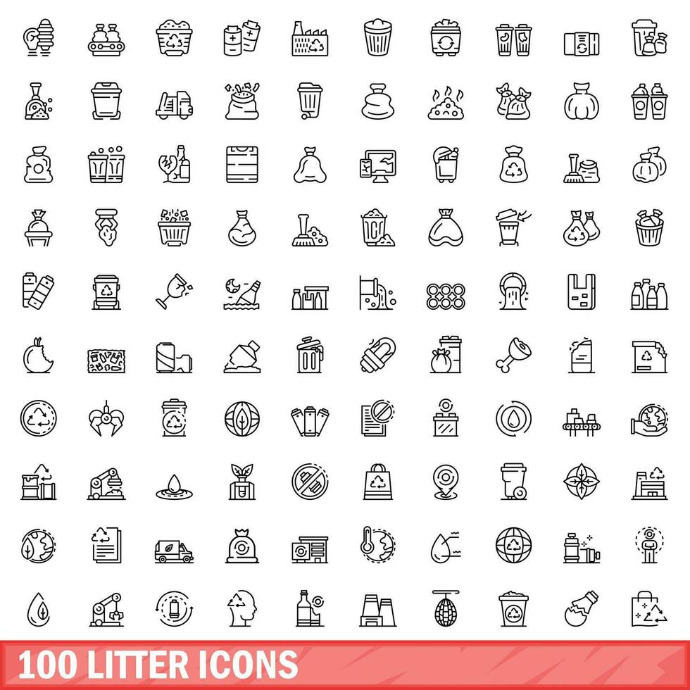 100 litter icons set, outline style vector