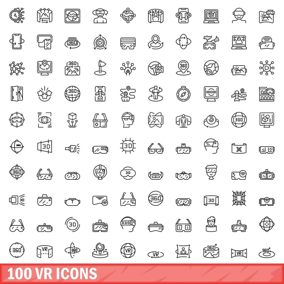 100 vr icons set, outline style vector