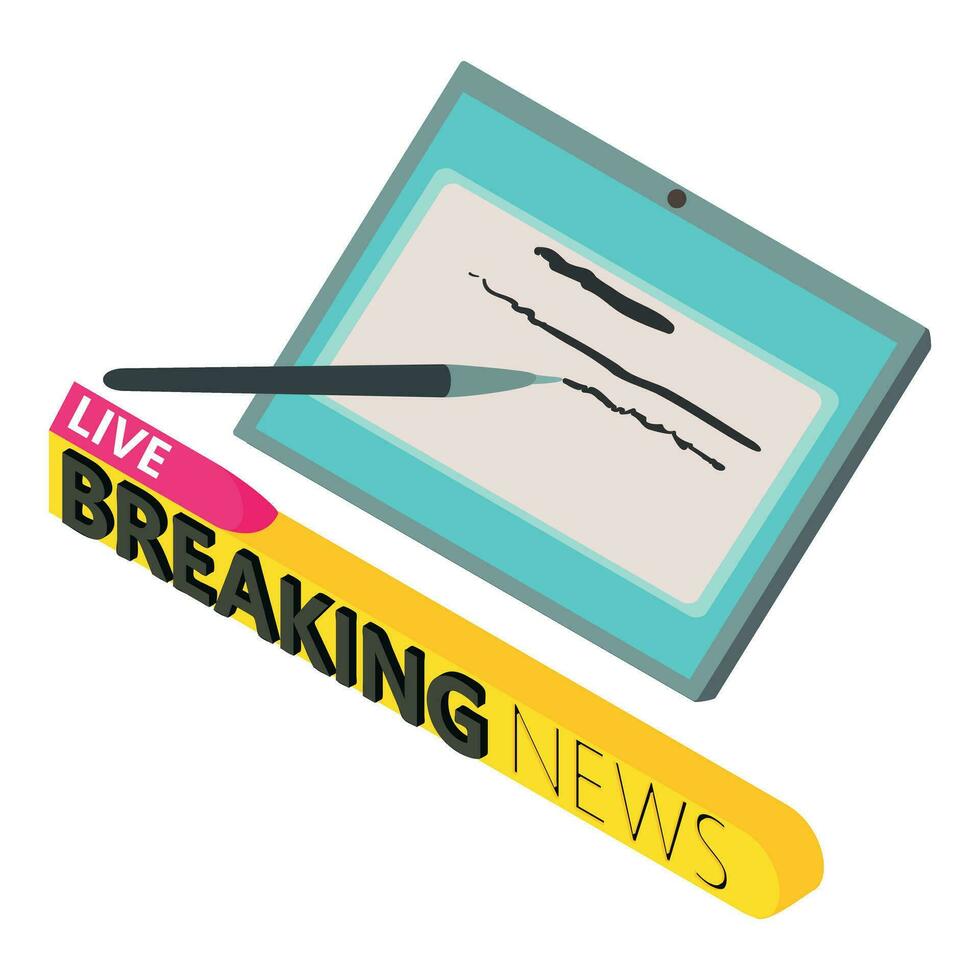 Online news icon isometric vector. Live breaking news lettering and tablet icon vector