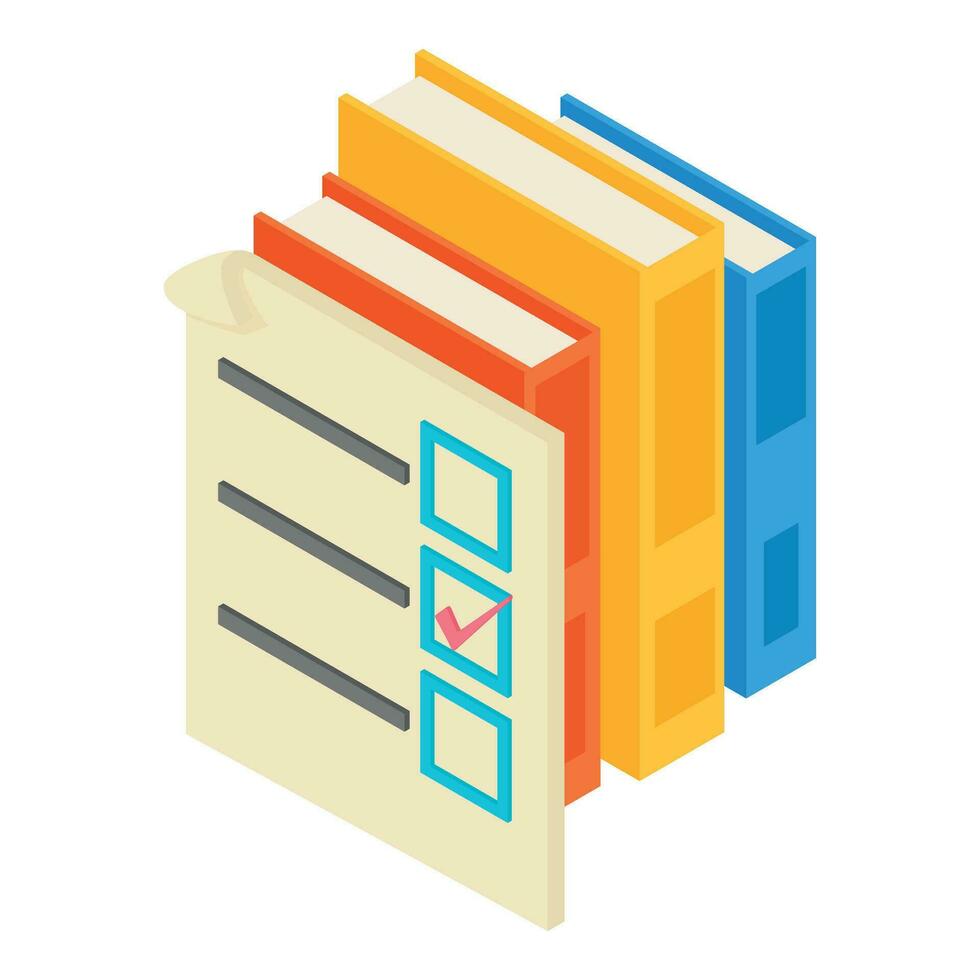 Election icon isometric vector. Ballot with checkmark and stack of colored book vector