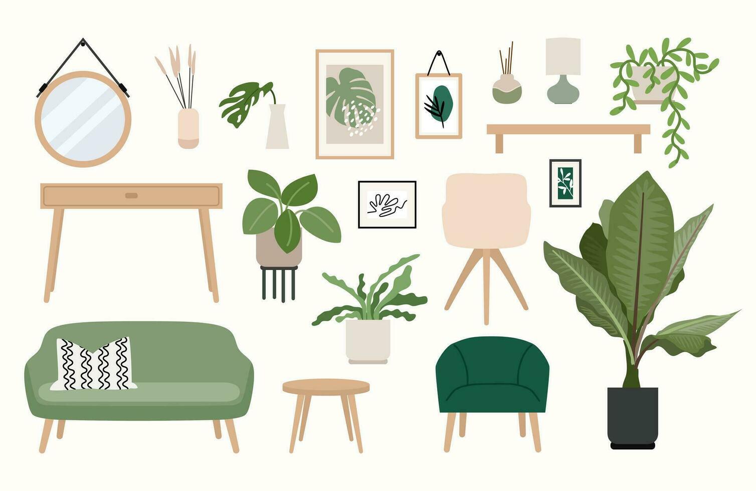 vivo habitación escandinavo estilo mueble conjunto de elementos en plano estilo. hogar selva, en conserva plantas, sillón, sofá, carteles ilustración. vector ilustración