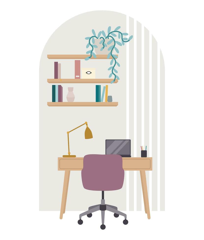 Cozy home workplace interior illustration in flat style. Work desk with laptop, armchair, bookshelves and home plant. Vector illustration