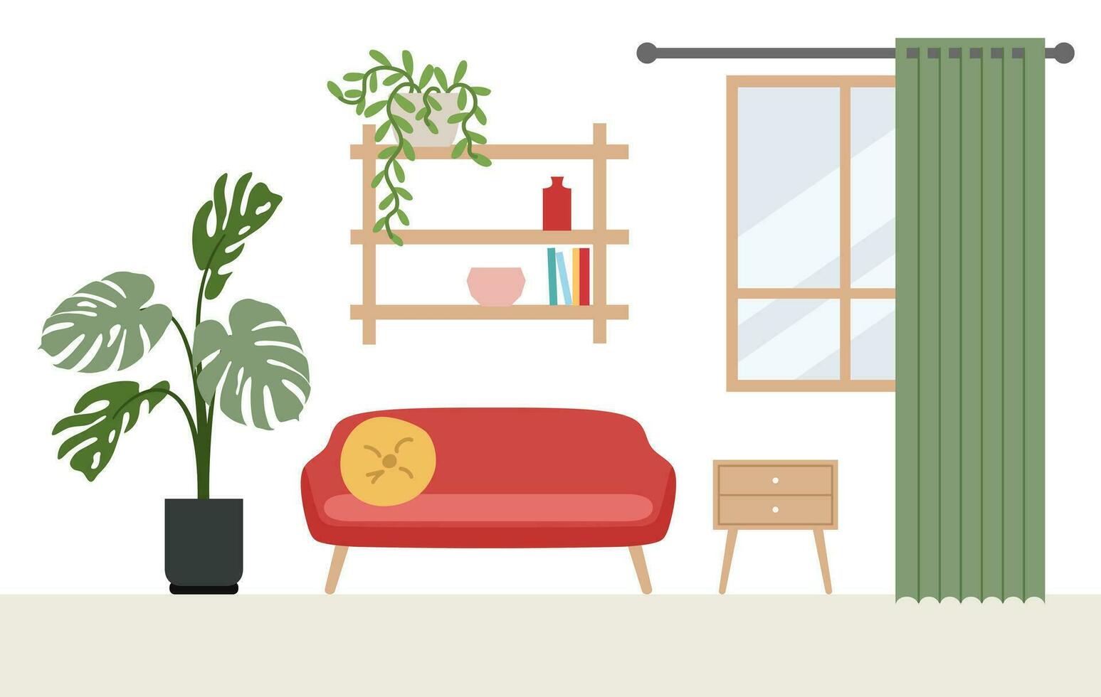 Living room modern interior with house plants in flat style. Sofa, bookshelf, potted palm tree on a white background. Vector illustration