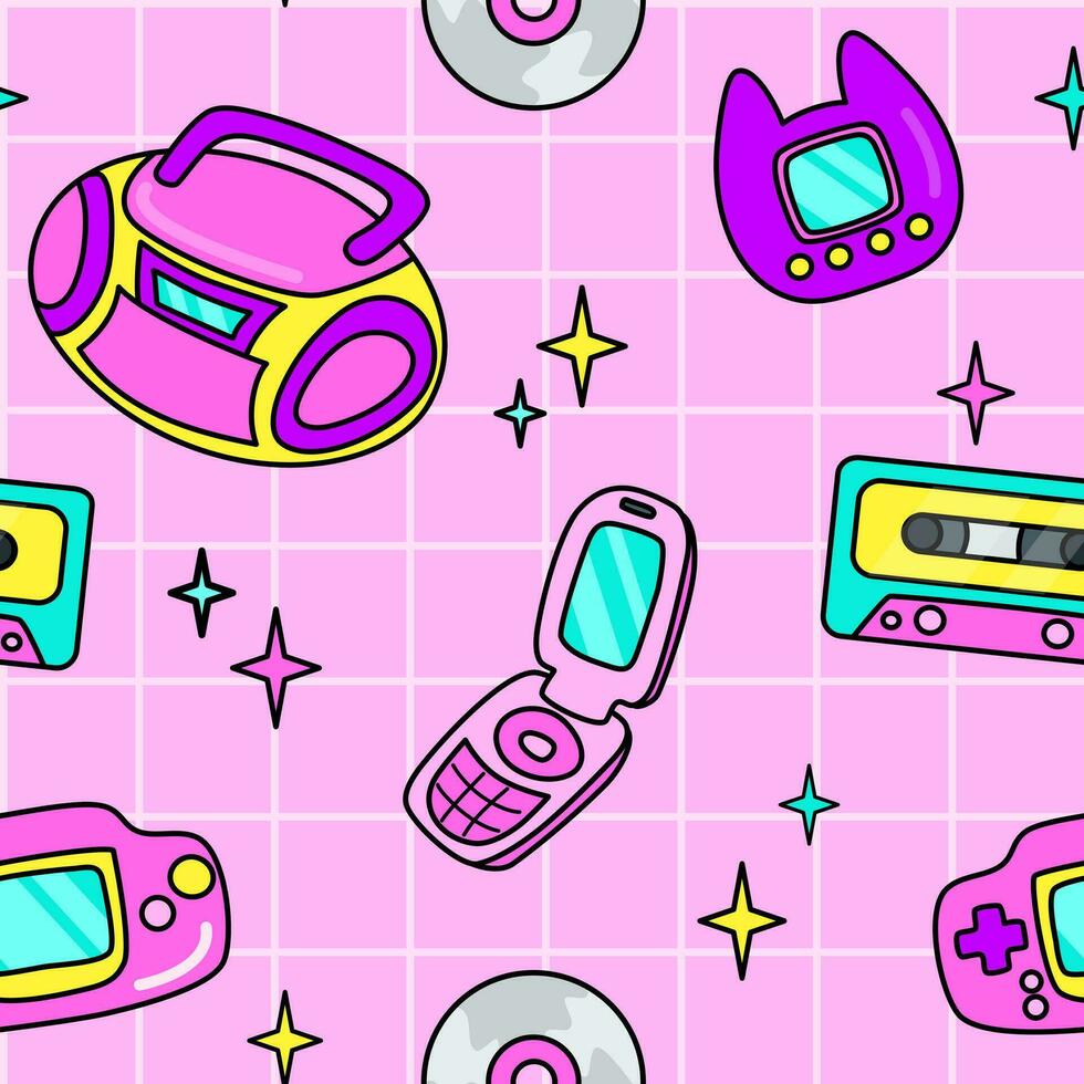 00s pink seamless pattern of electronic elements in flat cartoon style. Tape recorder, CD, cassette, game console, mobile phone, Japanese toy. vector