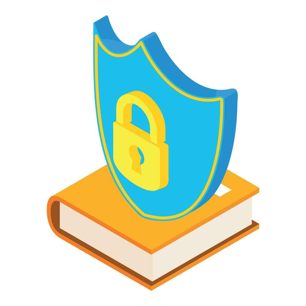 Crypto security icon isometric vector. Big shield with padlock on closed book vector