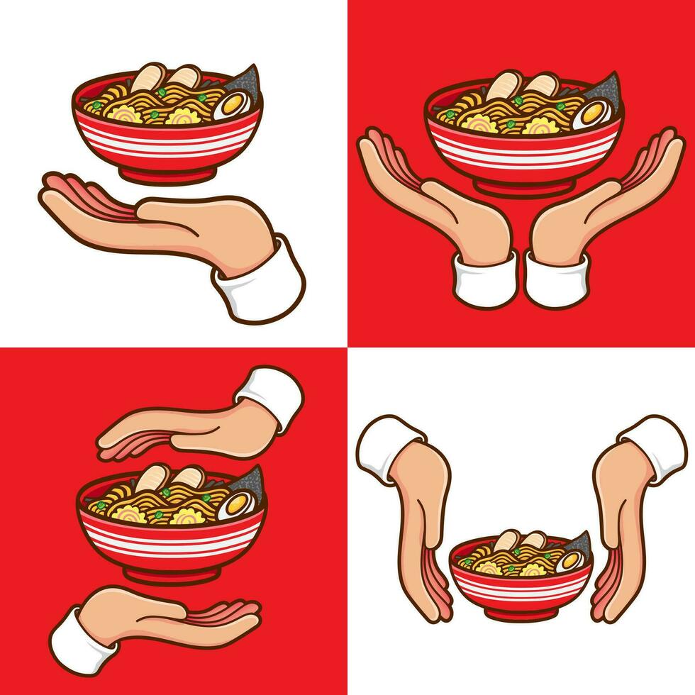 hands with ramen noodle japanese food set vector