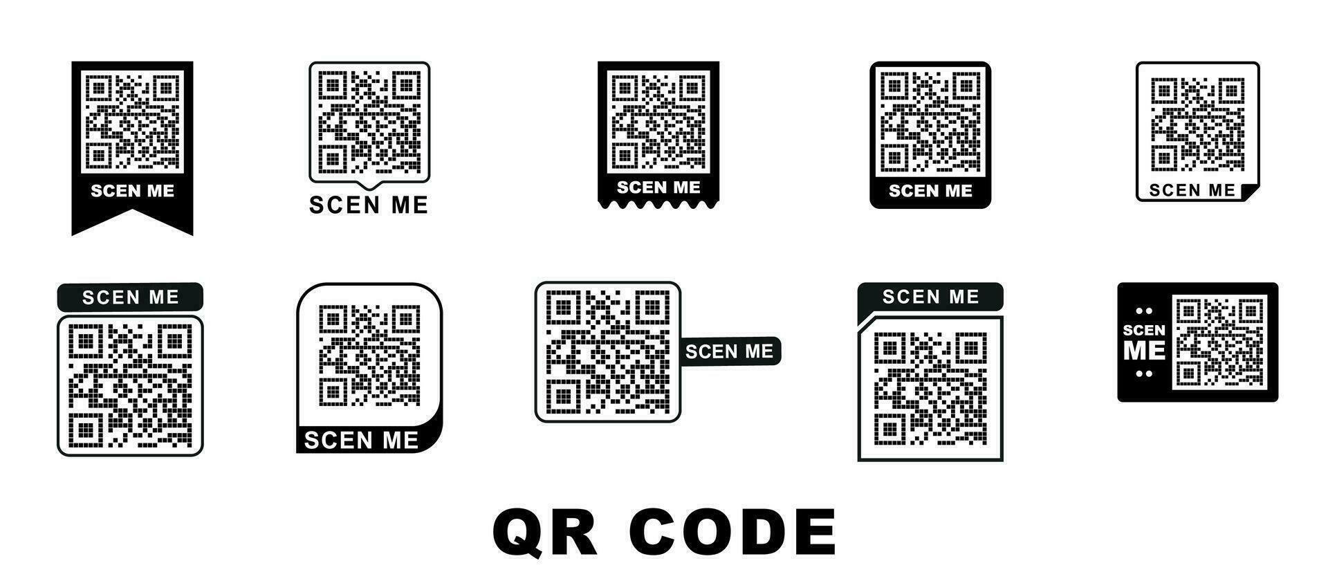 Qr code frame vector set. Scan me phone tag. Qr code mock up, mockup. Barcode smartphone id icon. Cellphone qrcode banner. Mobile payment and identity on white background.