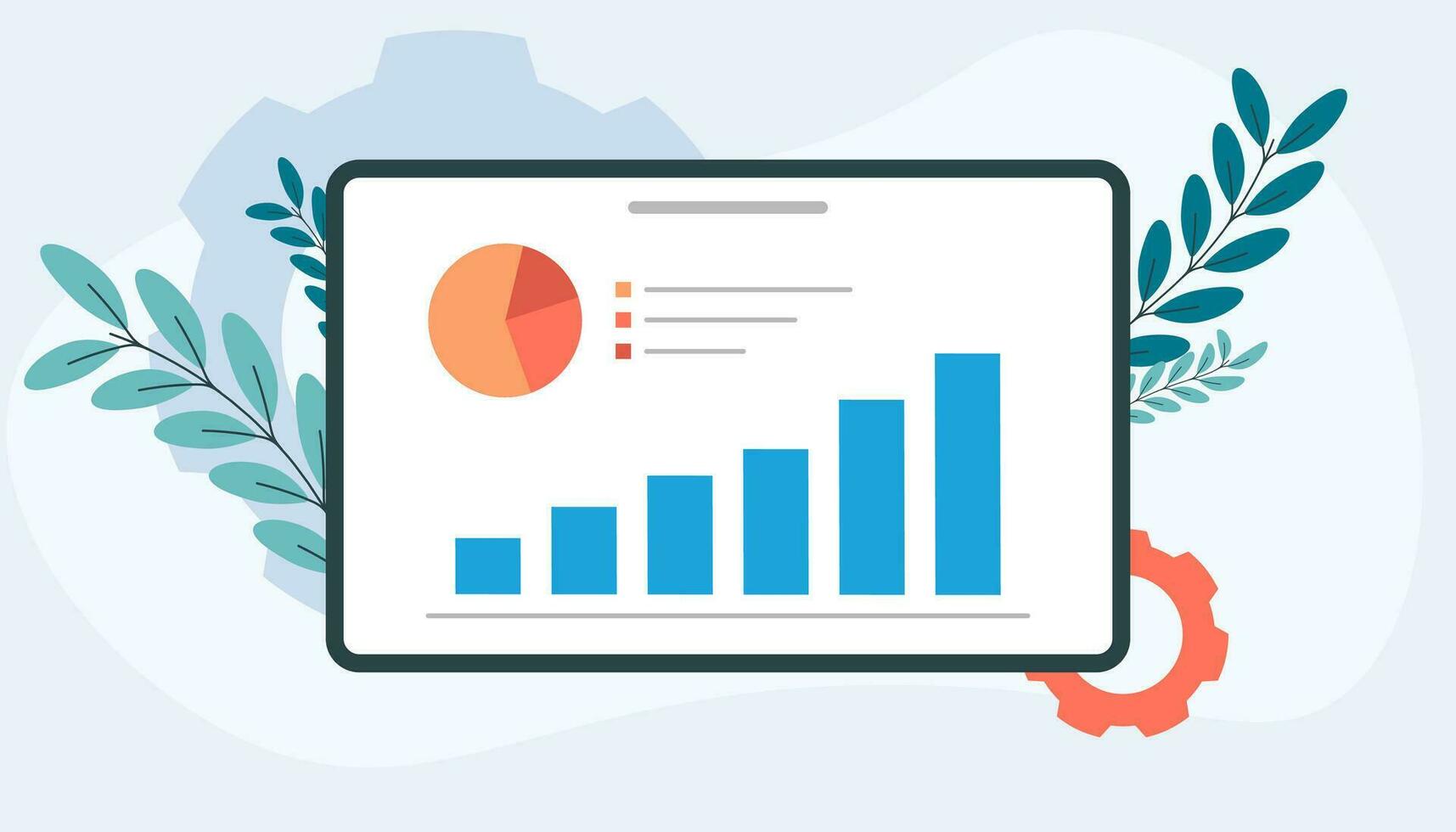 Chart tablet screen illustration depicting business operations with decorative leaves on the side vector
