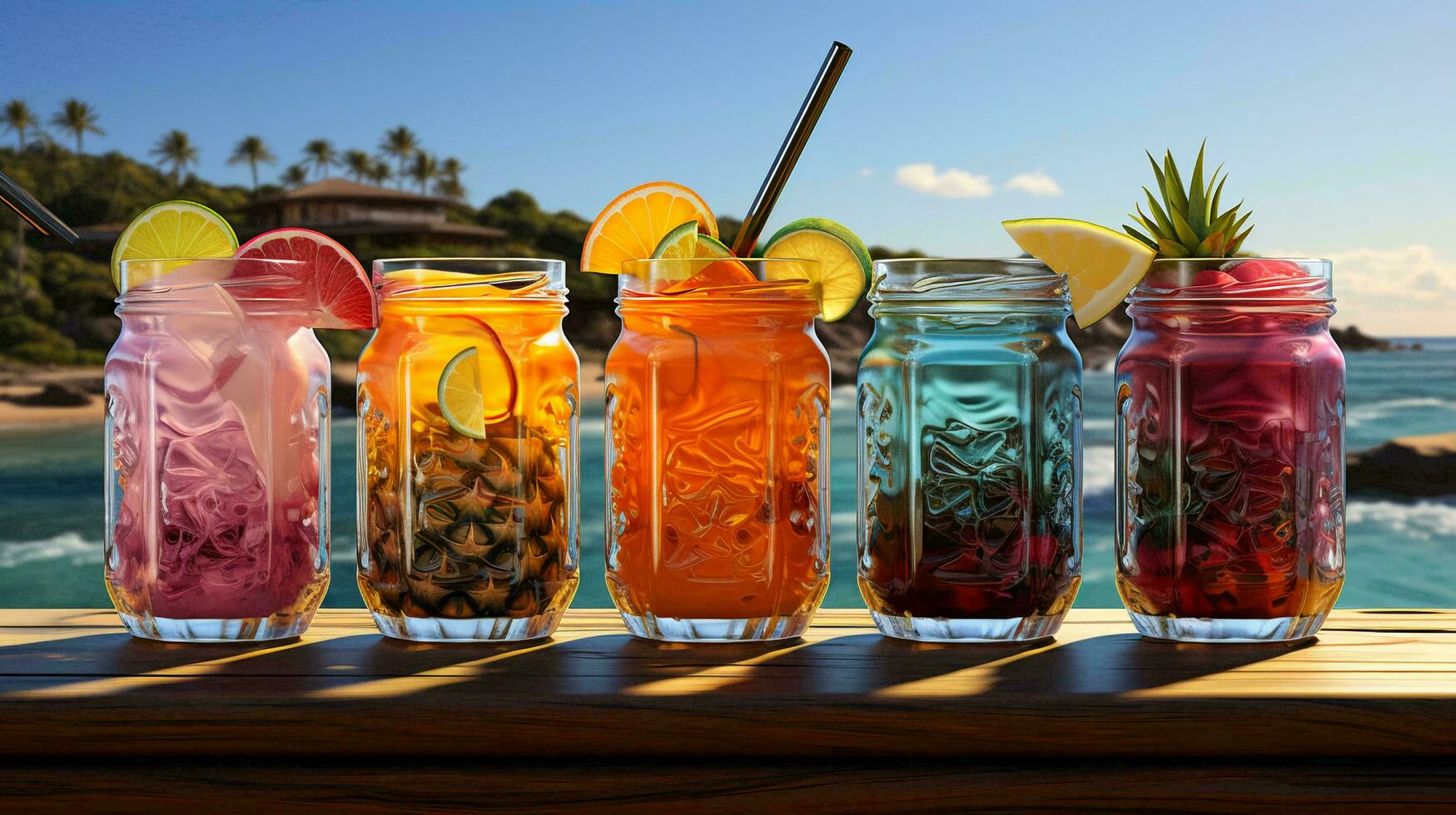 Delicious tropical sweet refreshing fresh fruit cocktails with straws chilling drinks on the beach. Vacation vacation concept at the resort. AI generated photo