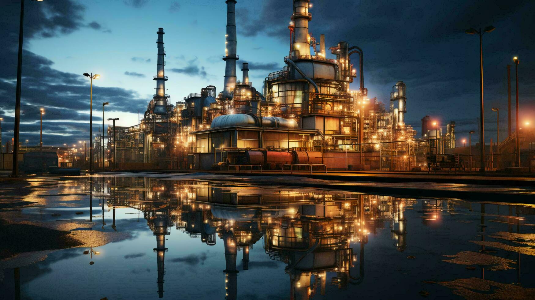 Industrial oil refinery petrochemical chemical plant with equipment and tall pipes at night. AI generated photo