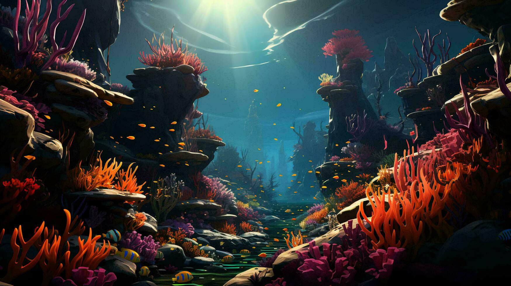 Underwater world with fish and corals. Underwater view of mari fishes and plants. AI generated photo