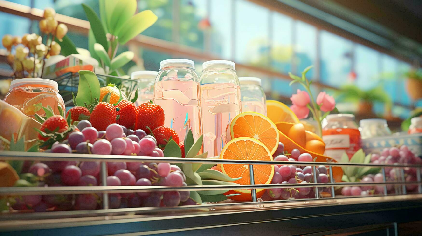 Fresh fruits, vegetables and berries on the shelf in the store in the supermarket background. AI generated photo